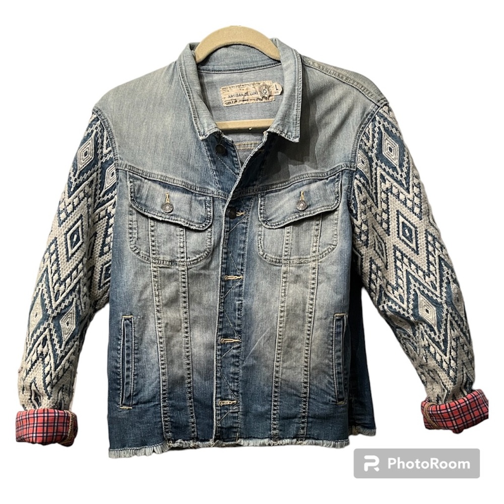 ANTHROPOLOGIE $295 Denim jacket with tapestry sleeves and plaid cuffs.